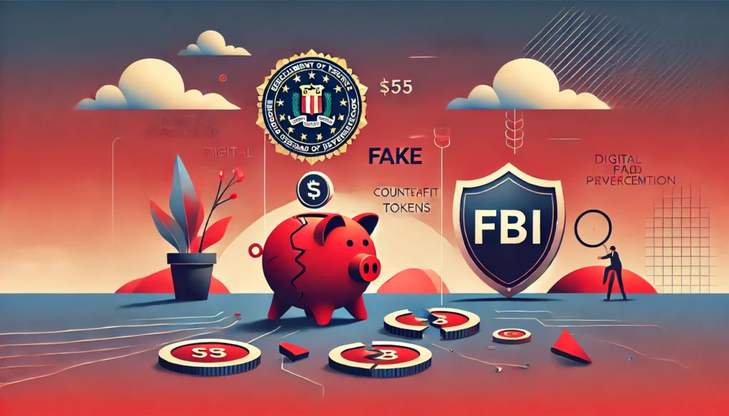 FBI phá vỡ âm mưu lừa đảo 25 triệu USD bằng cách tạo Token nhái DALL·E 2024 10 10 13.11.23 A minimalistic landscape image for a news blog feature about the FBI breaking a 25 million scam involving counterfeit tokens. The image should depict 1