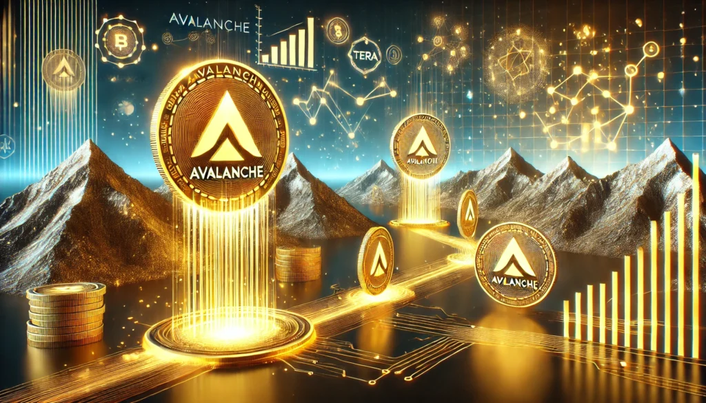 Avalanche mua 1,97 triệu AVAX: Bước tiến cho Terra DALL·E 2024 11 07 22.15.13 A 3D wide aspect ratio illustration depicting Avalanches acquisition of 1.97 million AVAX tokens for Terra. The scene shows flowing golden AVAX coins 1