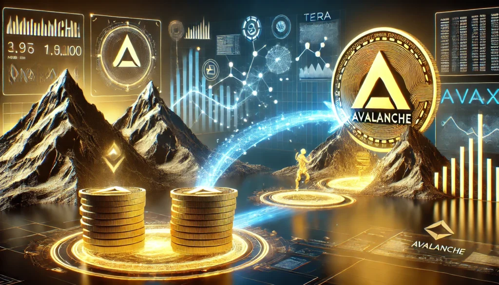 Avalanche mua 1,97 triệu AVAX: Bước tiến cho Terra DALL·E 2024 11 07 22.15.15 A 3D wide aspect ratio illustration depicting Avalanches acquisition of 1.97 million AVAX tokens for Terra. The scene shows flowing golden AVAX coins 1