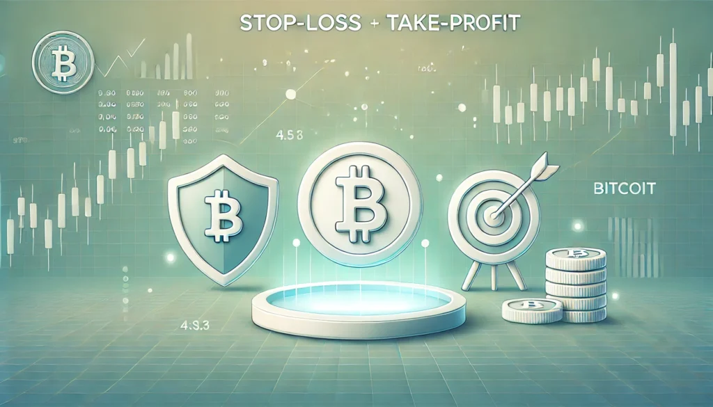 10 Mẹo Stop-Loss & Take-Profit Giảm Rủi Ro Giao Dịch Crypto DALL·E 2024 11 08 23.27.11 A simple 4 3 landscape image illustrating the concept of stop loss and take profit in crypto trading. The scene features a shield icon on the left rep