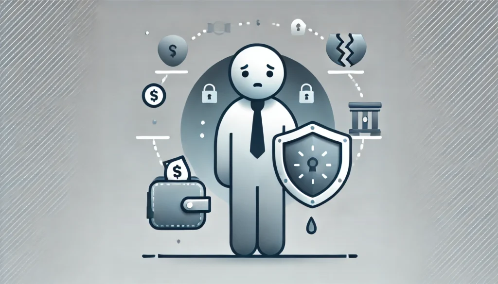 Hai mặt khi đầu tư vào crypto: 5 Lợi ích và 5 Rủi ro cần lưu ý DALL·E 2024 11 30 15.43.04 A minimalist cartoon style image representing the concept of No protection from financial institutions without any text or words. The image should