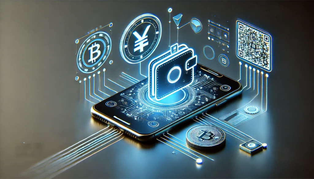 5 Loại Ví Điện Tử Phổ Biến Để Lưu Trữ Crypto DALL·E 2024 12 02 18.42.00 A minimalistic futuristic concept image illustrating the idea of Mobile Wallets Vi Di Dong in the context of digital currencies and blockchain tech