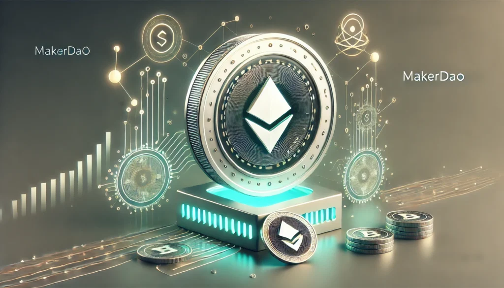 Top 5 Nền Tảng DeFi Phổ Biến và Cách Sử Dụng Chúng DALL·E 2024 12 10 11.13.13 A modern clean and text free image representing MakerDAO A Stablecoin Platform Backed by Collateral. The design features symbols of stability an