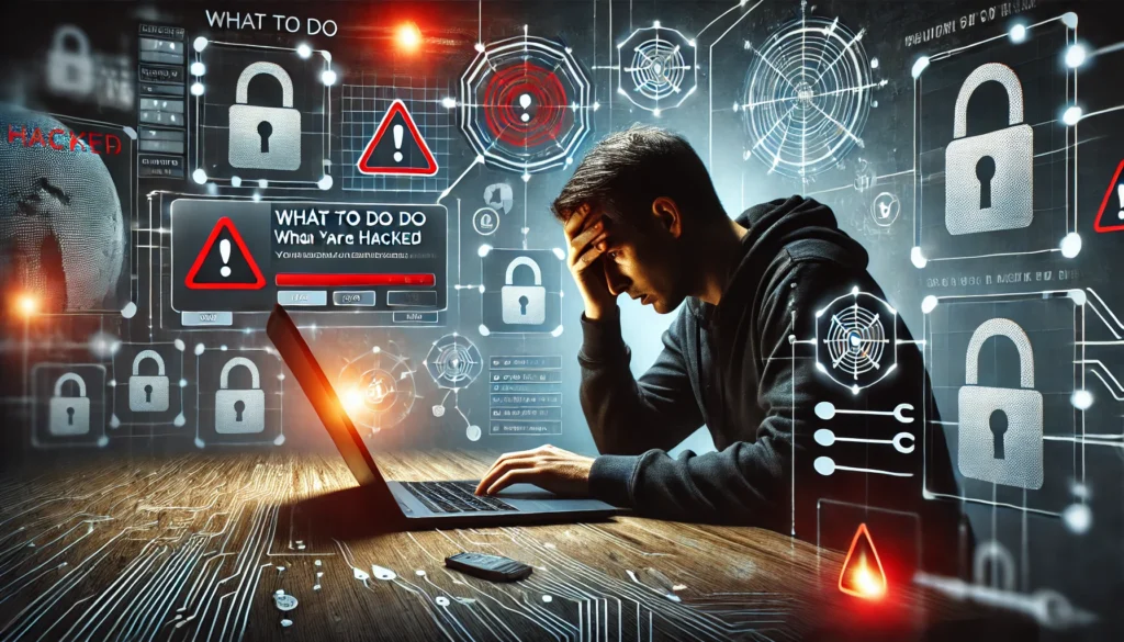 5 Cách Bảo Vệ Tài Sản Crypto Của Bạn Khỏi Hacker Hiệu Quả DALL·E 2024 12 10 13.01.18 A realistic and text free image representing What to Do When You Are Hacked. Depict a stressed person using a laptop with a warning icon or red aler