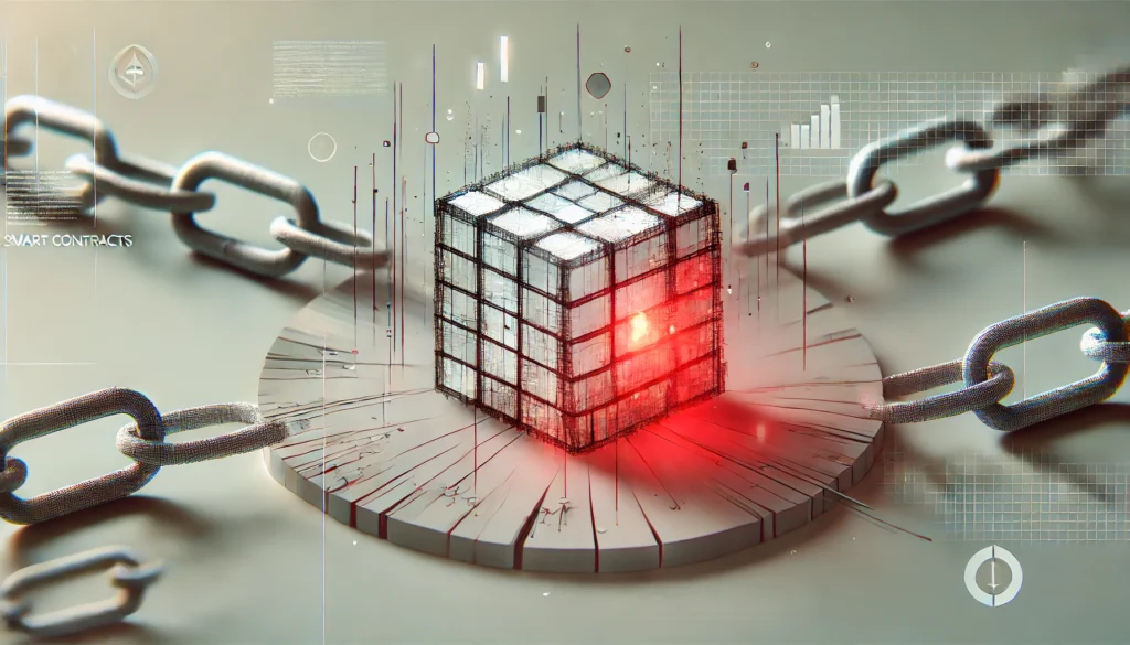 7 Lỗ Hổng Bảo Mật Crypto Phổ Biến & Cách Tránh DALL·E 2024 12 17 17.32.23 A minimal and clean feature image for a news blog about errors in smart contracts. The image shows abstract visual elements of a blockchain or digital